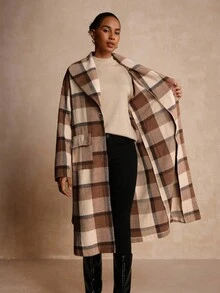 Lyxana Áo khoác ngoài dài thắt eo kẻ caro cho nữ - màu nâu - Xem 7