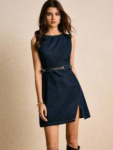 Poéselle 女士牛仔连衣裙，时尚无袖牛仔连衣裙，侧开衩设计，深蓝色连衣裙，适合派对、圣诞节、情人节、新年、母亲节等场合。 - 深色水洗藍 - 查看 3