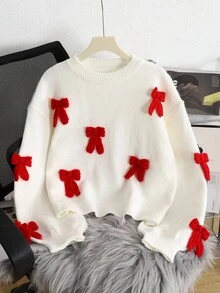 SHEIN 宽松休闲简约舒适圆领撞色蝴蝶结装饰开衫毛衣，适合少女秋冬装 ForGirln - 彩色 - 查看 6
