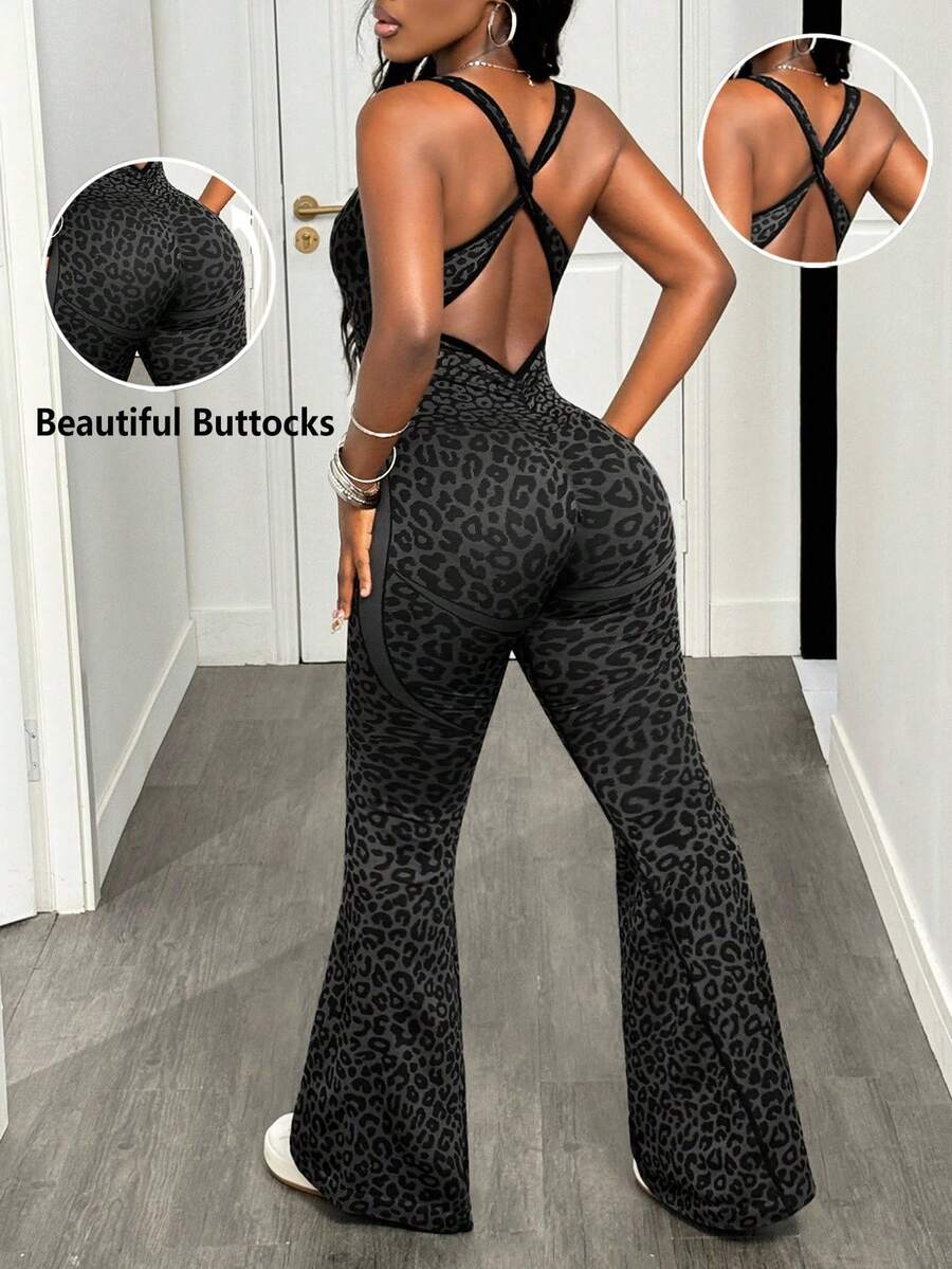 Slaydiva 1pc Leopard Print Knotted Open-Back Plunge Flare Jumpsuit - Multicolor - View 1