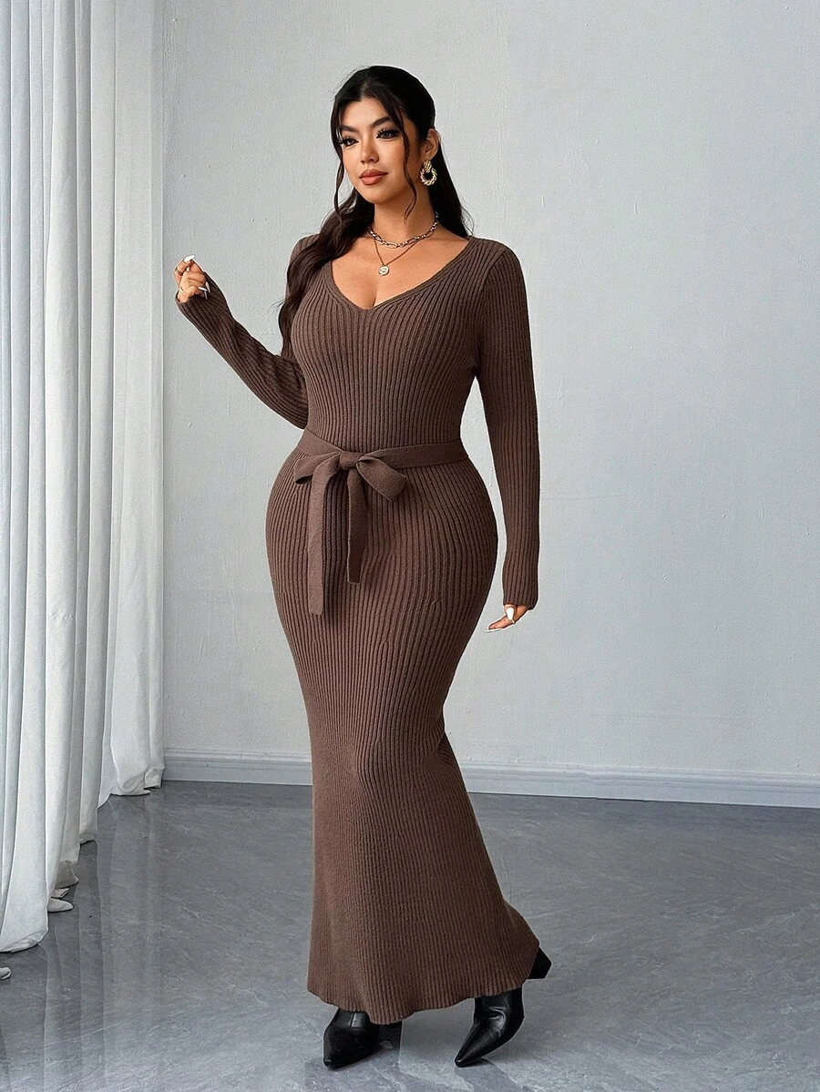 Elenzga Jersey de punto de manga larga con ajuste ceñido y acanalado, talla grande, para otoño/invierno - Marrón - Ver 1