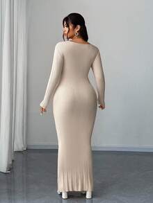 Elenzga Women's Elegant Hollow Out Asymmetrical Metal Button Plus Size Round Neck Drop Shoulder Long Sleeve Solid Color Long Knit Sweater Dress - Apricot - View 5