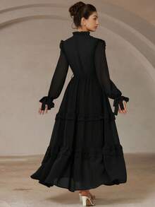 Aveloria Rosie Váy dài tay nữ có bèo nhún, thiết kế buộc eo và cổ, thanh lịch cho mùa xuân/hè - màu đen - Xem 2