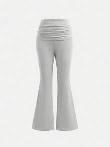 SHEIN 青少年女孩 2 件纯色浅灰色春秋露肩长袖短款上衣和喇叭裤休闲套装，适合日常穿着，适合返校