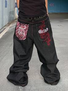 ROMWE MEN Grunge Punk Men's KPOP Embroidered Pattern Loose Baggy Jeans - Black - View 1