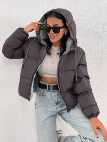 SHEIN 女式口袋厚短款连帽冬季外套 - 深灰色 - 查看 5