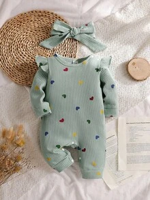 SHEIN 情人节新生儿爱心印花连体衣，舒适针织休闲连体衣，带发带 - 綠色 - 查看 3