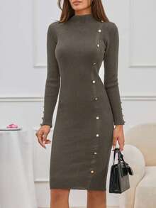 EURMUSE Mock Neck Button Front Sweater Dress Without Belt - Mocha Brown - View 4