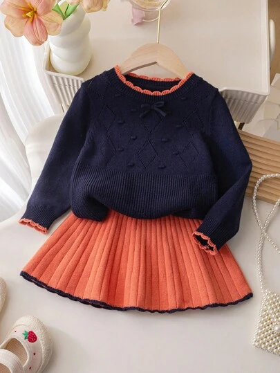 Souflis Souflis 4-7 år gamla flickor 2-delat tröjset, marinblå tröja i kombination med lekfull orange kjol, prydd med fin rosett och diamantmönster, visar upp söt och gullig stil, perfekt för daglig skola, föräldra-barn-utflykter