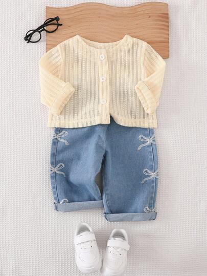 SHEIN Playful Pals 2 件女婴休闲百搭长袖夹克和蝴蝶结刺绣裤子套装适合春秋冬季日常穿着