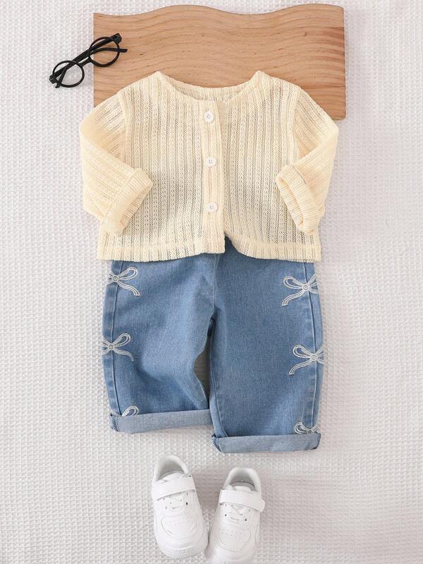 SHEIN Playful Pals 2 Stücke Baby Mädchen Lässig vielseitige Langarm Jacke und Schleife bestickte Hose Set, geeignet für Frühling, Herbst und Winter Alltagskleidung