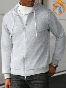 Manfinity Homme 纯色保暖内衬拉链连帽卫衣 卫衣，秋冬 - 灰色 - 查看 4