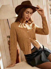 SHEIN PETITE Áo khoác cardigan dệt kim tay dài cổ tròn cài một hàng khuy kim loại thường ngày cho nữ, mùa thu/đông - màu nâu - Xem 7