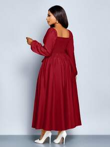 SOLERSUN Women's Plus Size Fall And Winter Frenchy Solid Color Square Neck Long Sleeve Front Ruched Ruffle Hem A-Line Casual Elegant Dress , Spring/Summer New Women's Dresses Fall Cloth For Women, Strap, Ginger Woven Fabric, Date Shopping Commuting Dress - Burgundy - View 3