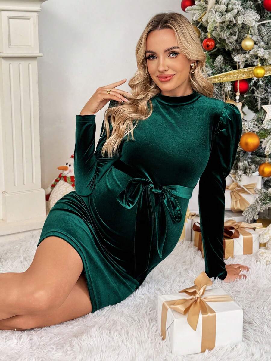 SHEIN 孕妇纯色立领泡泡袖系带修身优雅连衣裙 - 墨綠色 - 查看 1