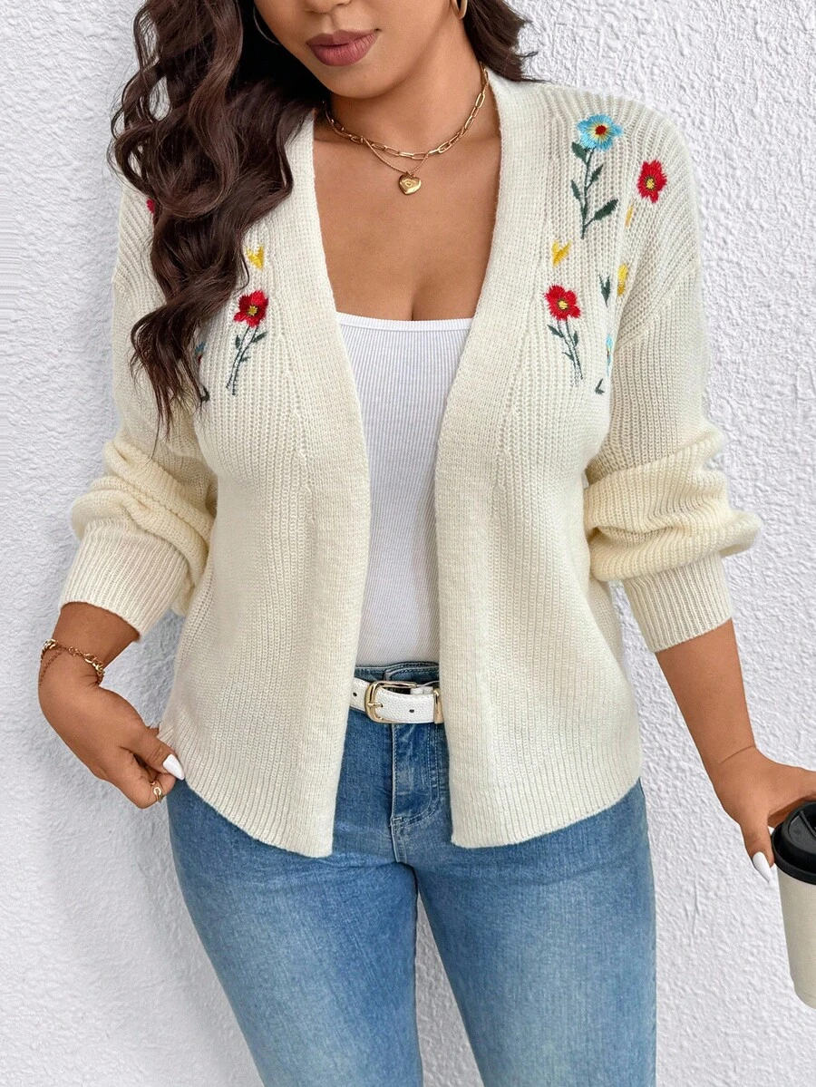 EMERY ROSE Plus Size Women Casual Embroidered Cardigan Sweater - Multicolor - View 1