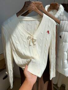 SHEIN EZwear Plus Size Red & White Christmas Bow Knit Cardigan, Soft & Comfortable, Suitable For Christmas, Holidays, Embroidered Women Cardigan Sweaters For Women Cardigan - Beige - View 9