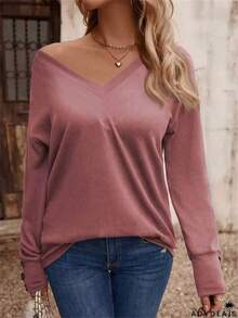 INAWLY Plus Size Women's Solid Color V-Neck Drop Shoulder Long Sleeve T-Shirt Fall Cloth For Women - Dusty Pink - View 4