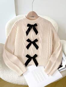 SHEIN Tween Girls' Casual Elegant Knitted Colorblock Bow Turtleneck Sweater, Versatile & Cute For Everyday Wear, Autumn/Winter Fall - Khaki - View 1