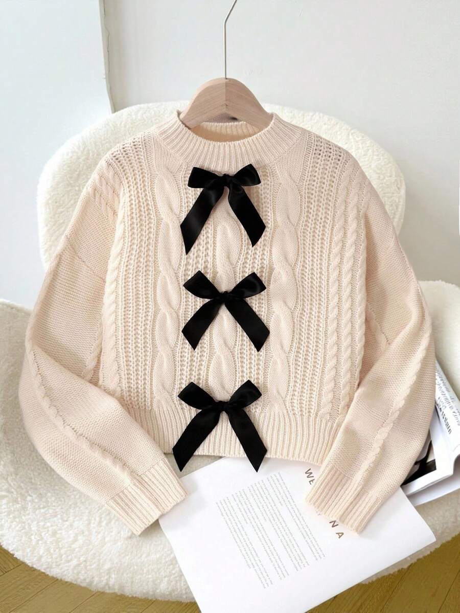 SHEIN Tween Girls' Casual Elegant Knitted Colorblock Bow Turtleneck Sweater, Versatile & Cute For Everyday Wear, Autumn/Winter Fall - Khaki - View 1