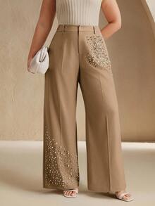 Anewsta Plus Size Fashionable Beaded Women Pants - Khaki - View 3
