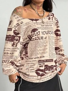 Coolane 女士标语印花斜肩长袖宽松休闲时尚T恤 - 卡其色 - 查看 4