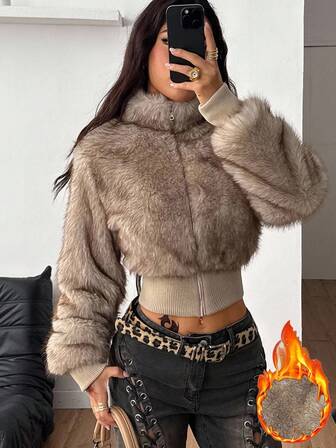 Coolane Women's Fall/Winter Streetwear Basic Short Zip-Up Faux Fur Coat Fashion Jacket,Fall Clothes For Women,Winter Clothes For Women