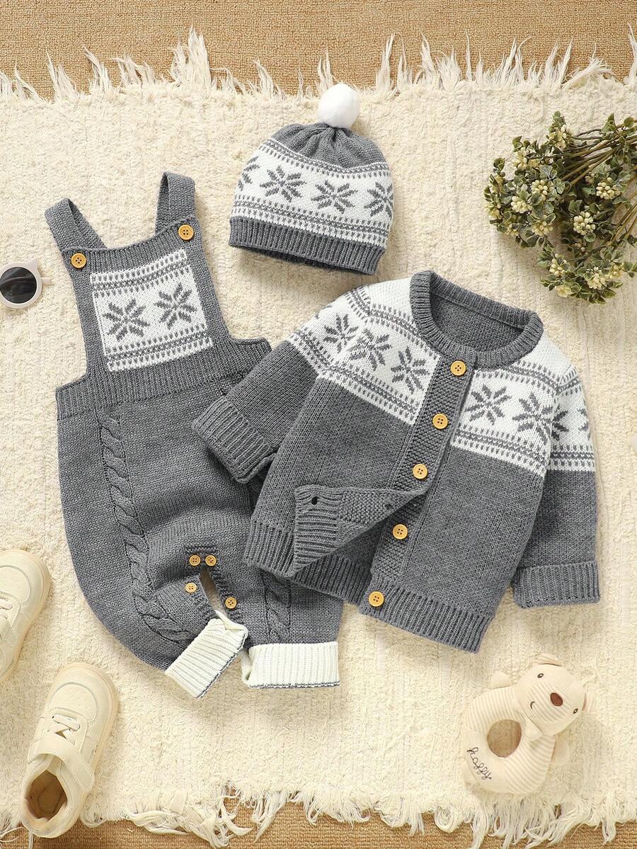 SHEIN 3 pezzi Set casual vintage per bambini: giacca a maniche lunghe con collo rotondo + tutina in maglia con bavaglino + cappello carino, outfit minimalista alla moda, autunno/inverno - Grigio - Visualizzare 1