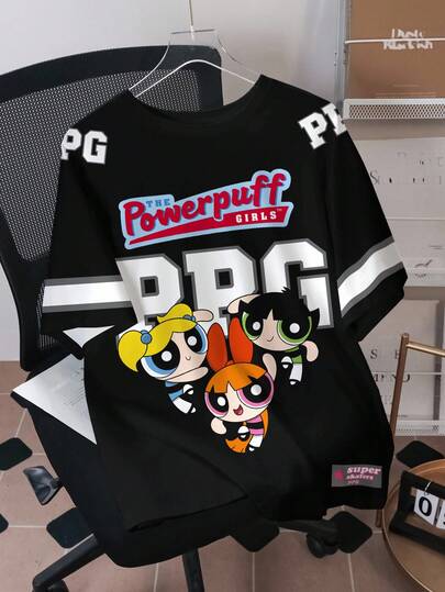 THE POWERPUFF GIRLS X SHEIN Men's Casual Fashionable Street Cartoon & Letter Graphic Short Sleeve T-Shirt, Summer