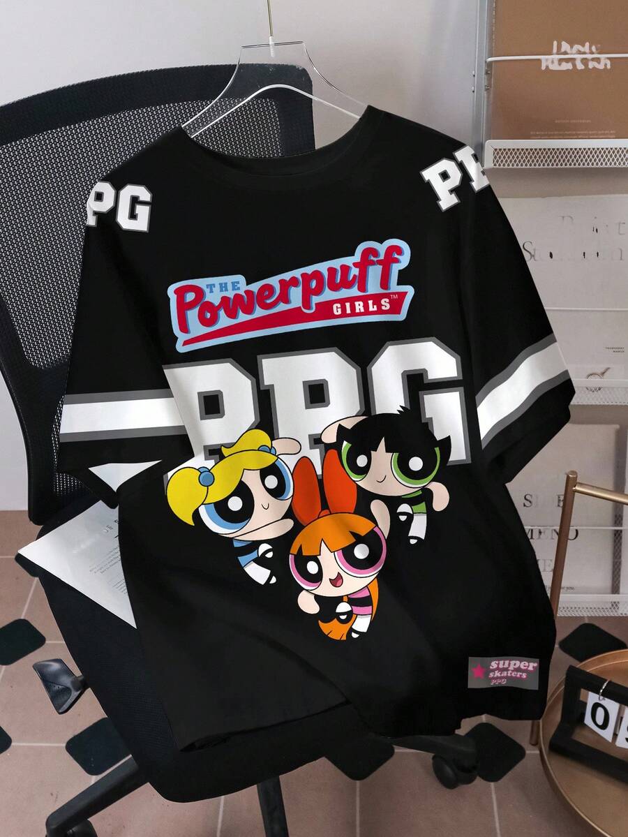 THE POWERPUFF GIRLS X SHEIN 男士休闲时尚街头卡通字母图案短袖T恤，夏季 - 白色 - 查看 1