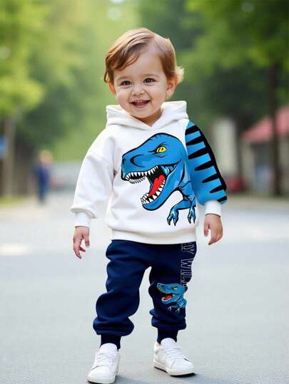 SHEIN Baby Boy Loose Casual Cartoon Animal Cute Style Dinosaur Sports Style Landscape 3D Street Graffiti Loose Comfortable Knit Soft Hoodie Sweatsuit, Suitable For Autumn/Winter Fall