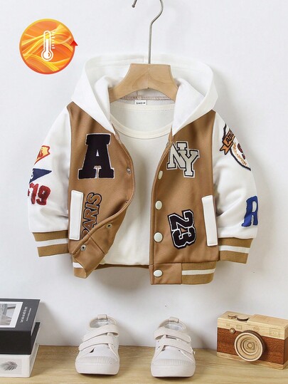 1pc Baby Boy Unisex Infant Toddler Casual White & Khaki Color Block Letter Embroidered Patch Decorated Long Sleeve Hoodie Jacket, Showcasing Toddler Boy's Personalized, Suitable For School, Daily, Sports, Outdoor Activities Fall Winter Boy Varsity Jacket Jackets For Boy Toddler Baby Boy Jackets Baby Boy Letterman Jacket Toddler Boy Varsity Jacket Baby Boy Hooded Jacket Baby Boy Varsity Jacket Baby Boy Clothes Letterman Baby Boy Hooded Varsity Jacket