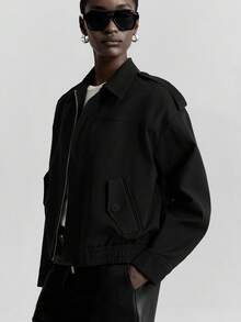 Ontre 女士翻领长袖短款外套，都市通勤商务休闲风，简约时尚女士冬季外套 - 黑色 - 查看 4