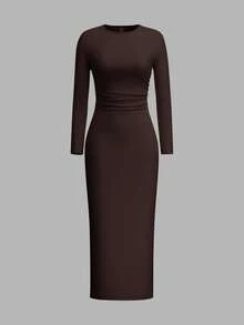 SHEIN EZwear 大码女装冬季连衣裙、女士长袖连衣裙、派对礼服、圆领修身休闲连衣裙、黑色修身长裙、黑色中长裙、曲线黑裙、长袖黑裙 - 巧克力棕 - 查看 3