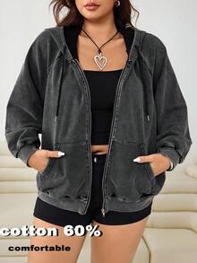 SHEIN EZwear 2025新款加大码卫衣，黑色斑点，宽松版型，带口袋，适合派对、约会、休闲、户外、居家等多种场合穿着，秋冬季拉链卫衣女休闲外套 - 黑色 - 查看 3