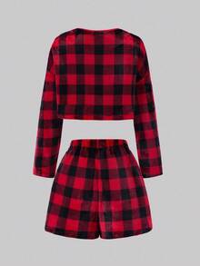 SHEIN 2 件套女士秋冬新款格子法兰绒套装，短款上衣和配套裤子套装，舒适合身的时尚服装 - 彩色 - 查看 2