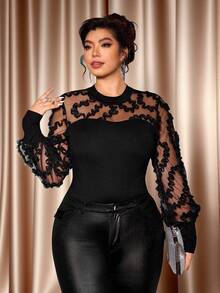 Elenzga Christmas Embrace Your Inner Shadow | Dark Feminine Fashion (Wednesday Aesthetic) Plus Size Fashionable Stand Collar Long Sleeve Elastic Knit Mesh Patchwork Luxurious Elegant Sexy Party Blouse, Slimming - Black - View 7