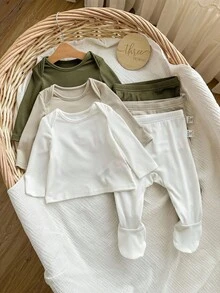 6件套新生儿男/女宝宝休闲可爱纯色针织高领长袖上衣和裤子套装 - 彩色 - 查看 7