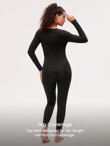 LUVLETTE Women's Thermal Underwear Ultra-Soft Base Layer Cold Weather Warm Winter PJ Set Round Neck Top And Long Bottoms - Black Lightweight And Warm Set Pajama Sets - Black - View 2