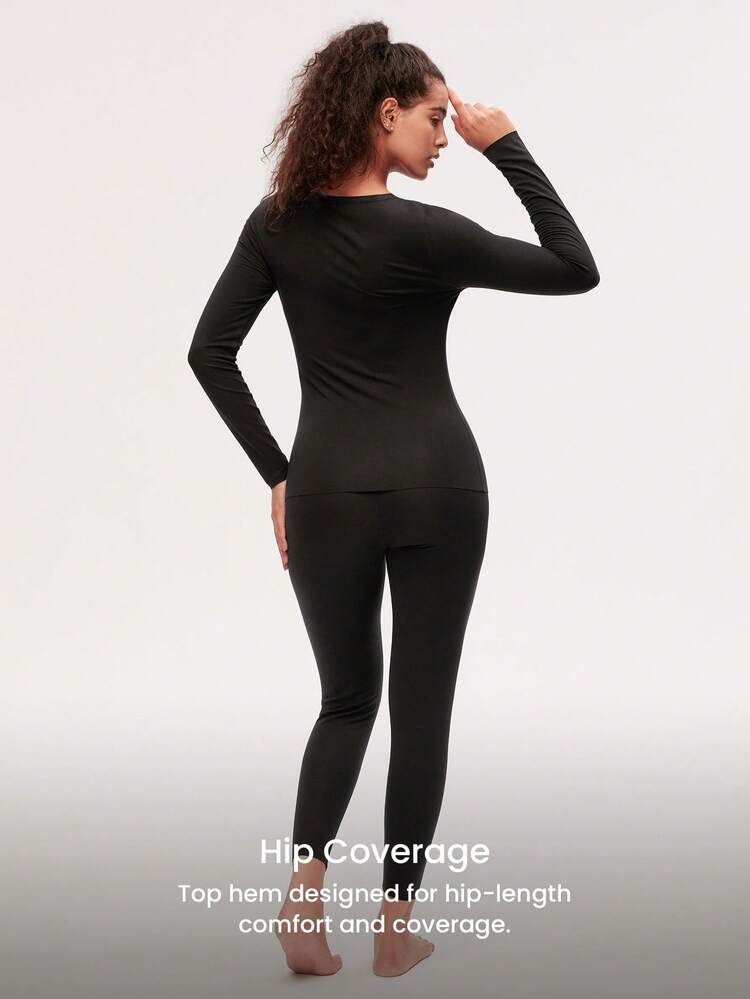 Conjunto de ropa interior térmica para mujer, capa base ultra suave para clima frío, pijama de invierno cálido con parte superior de cuello redondo y pantalones largos - Conjunto ligero y cálido en color negro