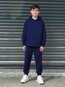 SHEIN 2pcs Tween Boy Hooded Sweatshirt And Sweatpants Set, All-Match Style Suitable For Autumn And Winter - Navy Blue - View 9