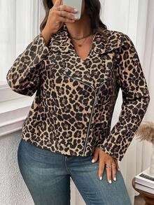 EMERY ROSE Áo khoác biker giảm béo họa tiết da báo cỡ lớn - Màu vàng - Xem 4