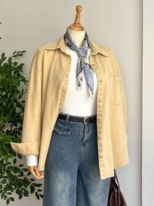 SHEIN LUNE 大码女式优雅休闲秋季宽松度假长袖衬衫，前开襟纽扣设计，可机洗，仿牛仔效果，水洗做旧风格，西部牛仔风，乡村音乐节圣诞节 - 卡其色 - 查看 3