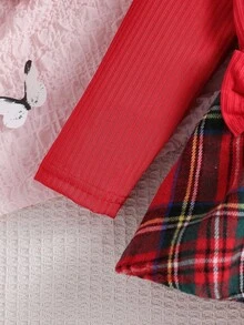 Souflis Souflis Baby Girl Round Neck Long Sleeve Plaid Ruffle Hem Cute Dress - Red - View 6
