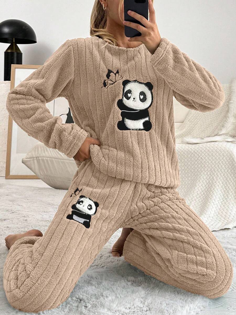SHEIN Cottnline Women's Panda Embroidered Top And Pants Pajama Set - Camel - View 1