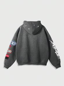 ROMWE MEN Street Life Áo nỉ nam dáng rộng cắt gấu đính sequin lấp lánh, thời trang dạo phố, mùa thu - Xám - Xem 2