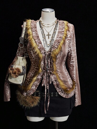 Sunspun Plus Size Women Y2K Sexy Long Sleeve Faux Fur & Leopard Print Patchwork Fashionable Top