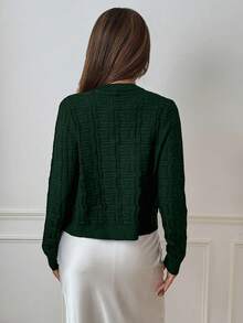 SHEIN PETITE 女式优雅希腊回纹纽扣开衫，秋季 - 墨綠色 - 查看 2
