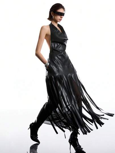 LYSMO 2025 New Arrival Minimalist Fall/Winter Women's Fashionable Sexy Plunging Neck Fringe Hem Backless Dress Fringe Dress Leather Dress For Women Black Tie Dresses For Women Coctel Dress For Woman Black Silk Dress