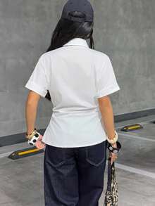 Muchica Women Casual Solid Color Short Sleeve Blouse - White - View 2